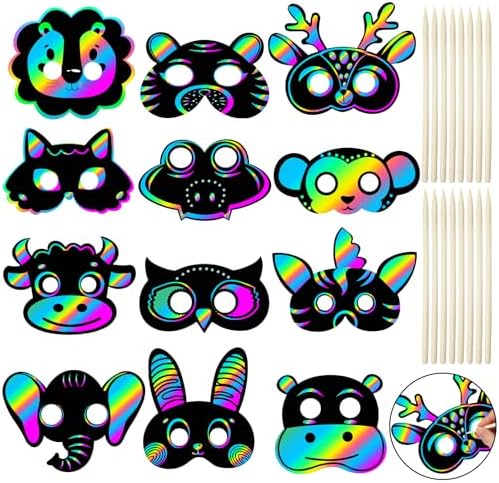 Realspring 60 Pcs Safari Animal Scratch Paper Mask DIY Kit