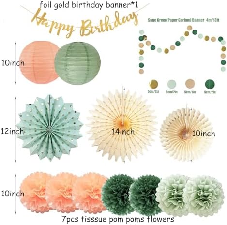 Sage Green and Peach Birthday Decorations Set