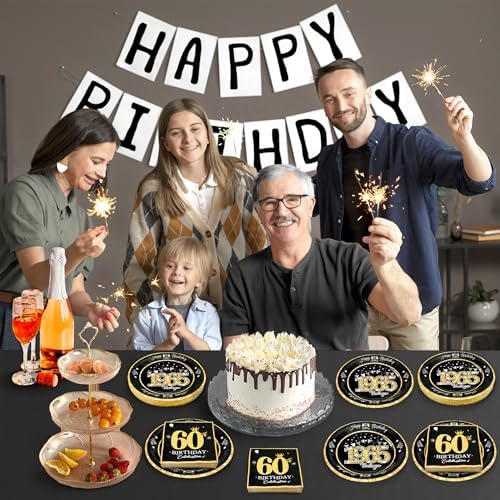 60th Birthday Plates and Napkins Set Black Gold
