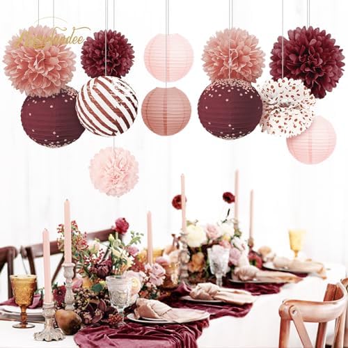 NICROLANDEE Burgundy Party Decor 12PCS Tissue Pom Poms and Lanterns