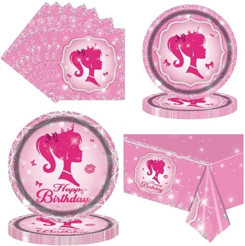 Pink Princess Party Plates Set for 25 Guests