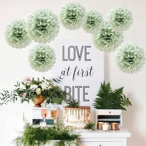 Dusty Sage Green Tissue Paper Pom Poms 12Pcs
