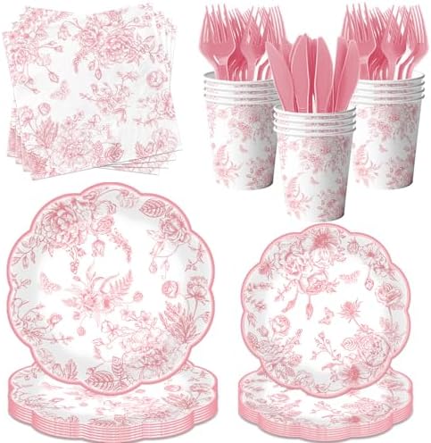 Pink Floral Paper Plates 144Pcs Wedding Tea Party Set