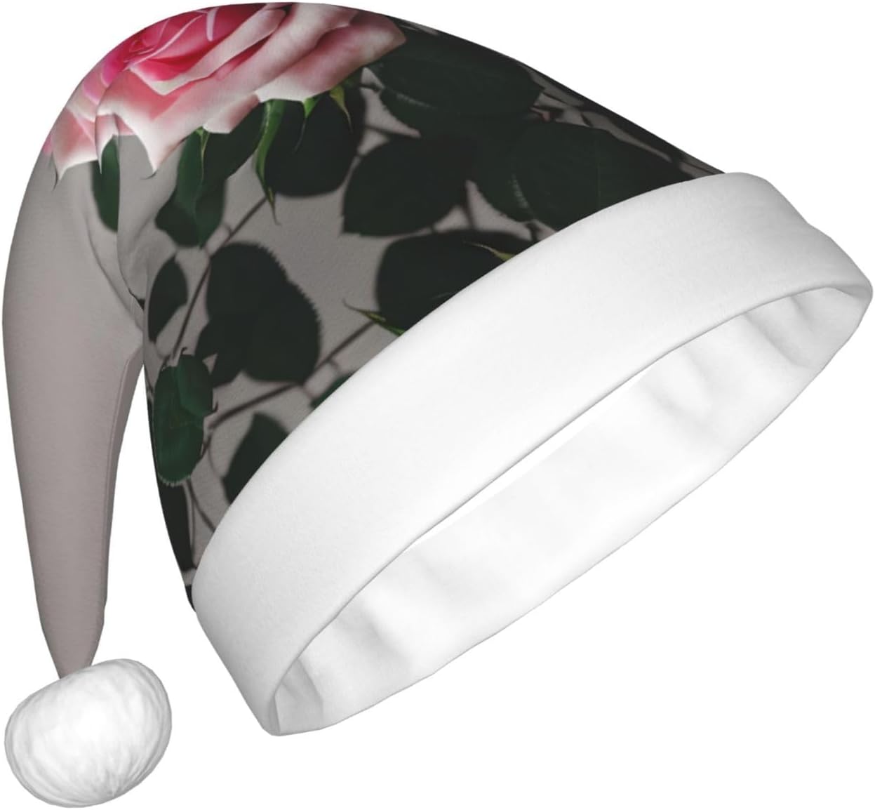 Pink Rose Print Christmas Santa Hat Plush for Adults