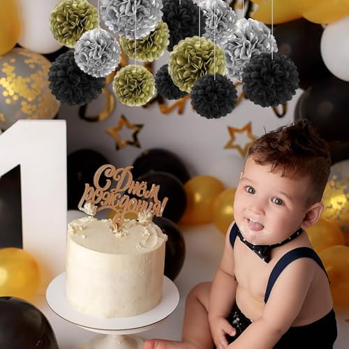 18 PCS Tissue Paper Pom Poms Decor Black Gold Silver