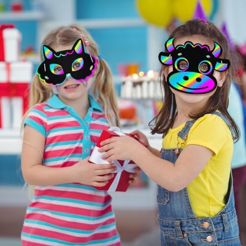 Realspring 60 Pcs Safari Animal Scratch Paper Mask DIY Kit