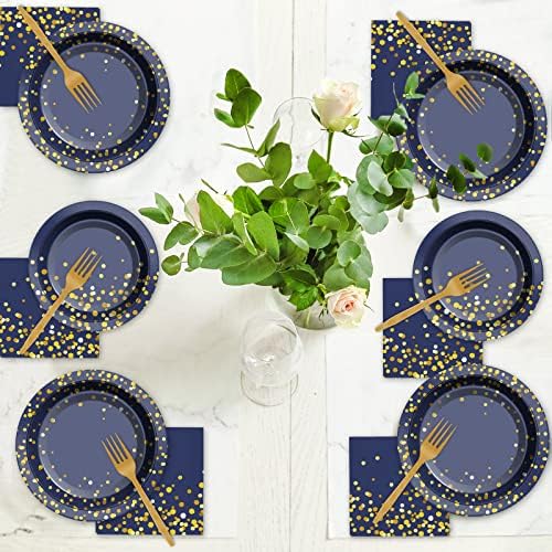 96 Pcs Blue Gold Dot Party Tableware Set