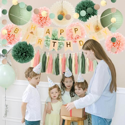 Sage Green Peach Birthday Decorations Set