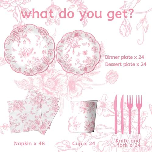 Pink Floral Paper Plates 144Pcs Wedding Tea Party Set