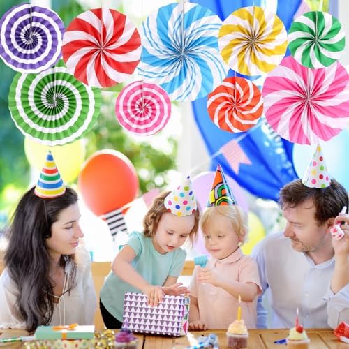9 Pcs Candyland Themed Paper Fans for Party Decorations
