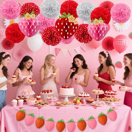 15 Pcs Strawberry Paper Fan Tissue Pom Poms Party Decorations