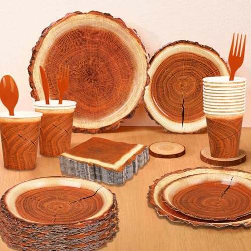 200 Piece Rustic Wood Grain Tableware Set for Camping and Birthday Parties