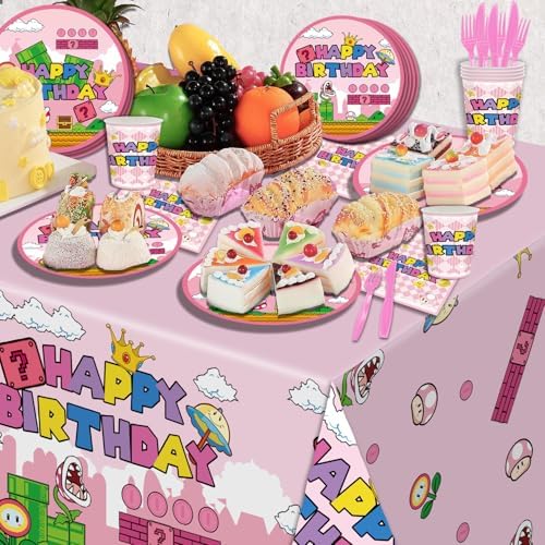 122Pcs Super Bros Peach Party Tableware Kit for 20 Guests