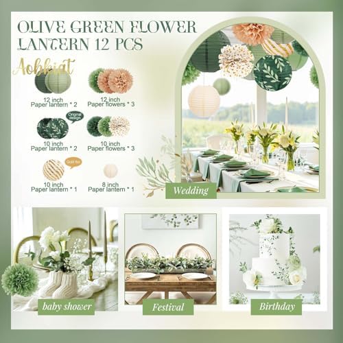 AOBKIAT 12PCS Olive Green Sage Paper Lanterns Set