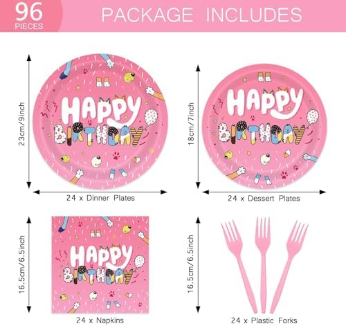 96Pcs Cartoon Pink Dog Party Tableware Set for 24 Guests