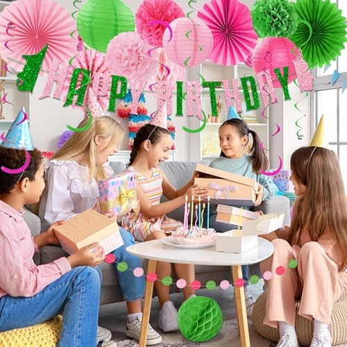 Pink Green Birthday Decorations Set Banner Pom Poms Fans Lanterns