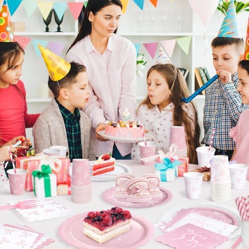 300 Pcs Pink Bow Tableware Set for Birthday Parties