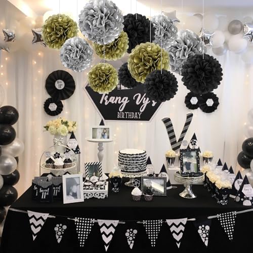 18 PCS Tissue Paper Pom Poms Decor Black Gold Silver