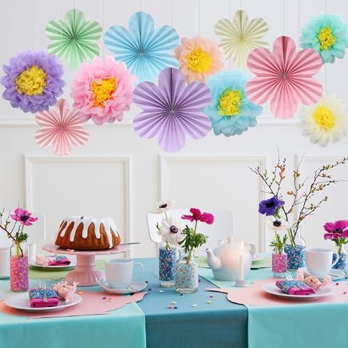 BestoFun 12PCS Pastel Tissue Paper Flowers Fans Decorations