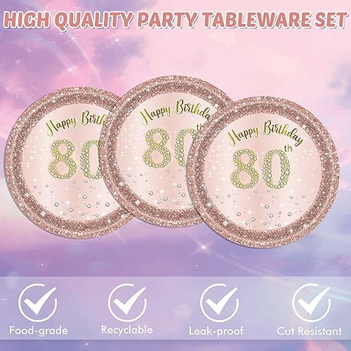 KHAIVI 40PCS Rose Gold 80th Birthday Tableware Set