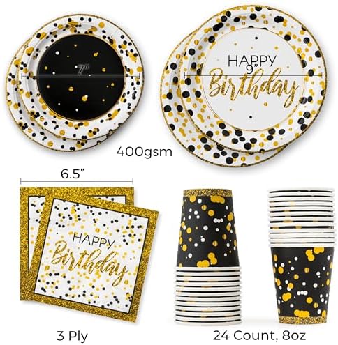 Royal Bluebonnet Black and Gold Birthday Plates Set of 24