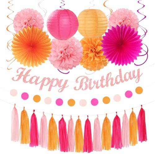 Hot Pink Orange Birthday Decor Kit - 31pcs Boho Party Supplies
