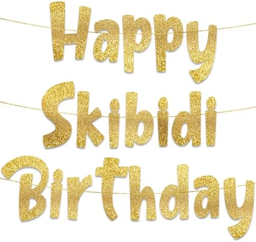 Happy Skibidi Birthday Gold Glitter Banner - Funny Zoomer Decor