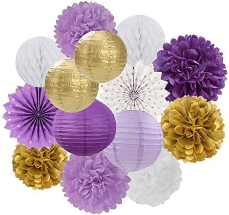 Purple Gold Party Decorations Streamers Lanterns - 14pcs