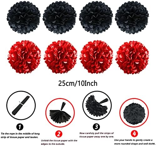 ZERODECO Black and Red Tissue Pom Poms Garland Decor