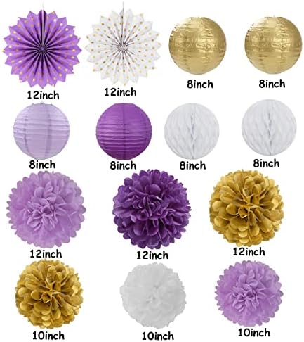 Purple Gold Party Decorations Streamers Lanterns - 14pcs