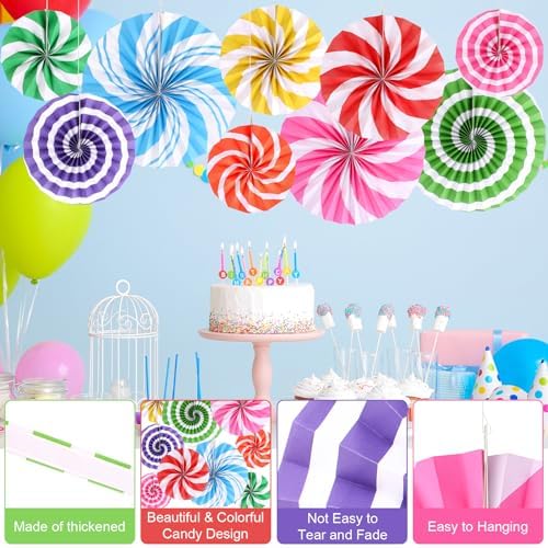 9 Pcs Candyland Themed Paper Fans for Party Decorations