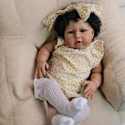 24 Inch Reborn Baby Doll with Curly Hair and Brown Skin