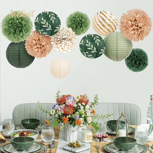 AOBKIAT 12PCS Olive Green Sage Paper Lanterns Set