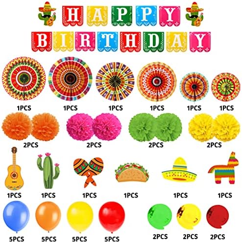 Fiesta Birthday Decor Set with Balloons and Pompoms