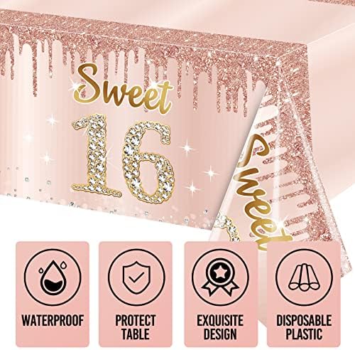 Sweet 16 Pink Rose Gold Birthday Tablecloth Decorations 3 Pack