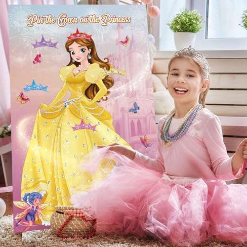 Pin The Crown on The Princess Party Game with Belle Poster and Stickers