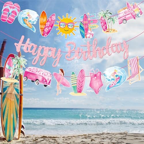 3Pcs Pink Glitter Surf Party Banners for Girls