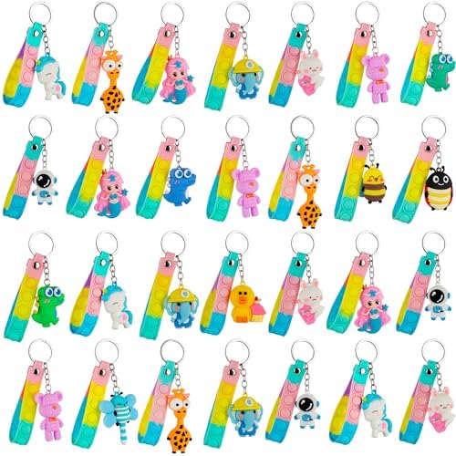 28 Pack Pop Fidget Toys with 3D Animal Keychains for Kids
