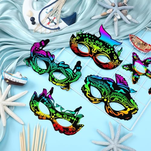 Realspring 60 Pcs Themed Scratch Paper Mask DIY Craft Kit
