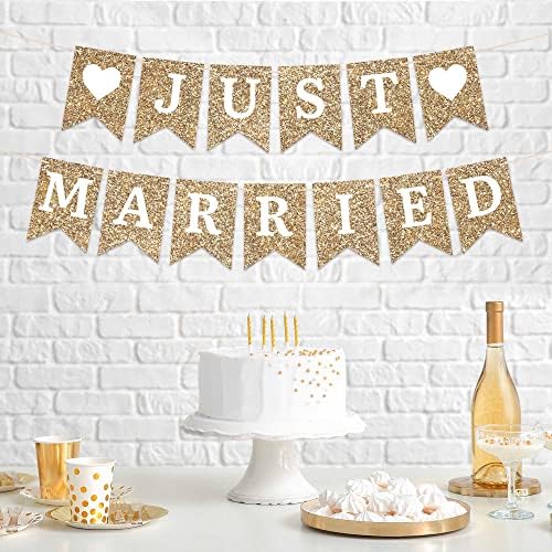 Pre-Strung Gold Glitter Just Married Banner