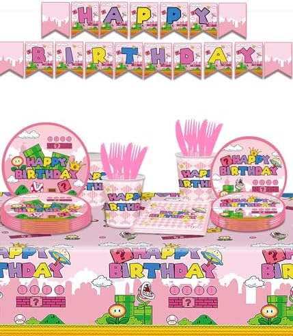 122Pcs Super Bros Peach Party Tableware Kit for 20 Guests