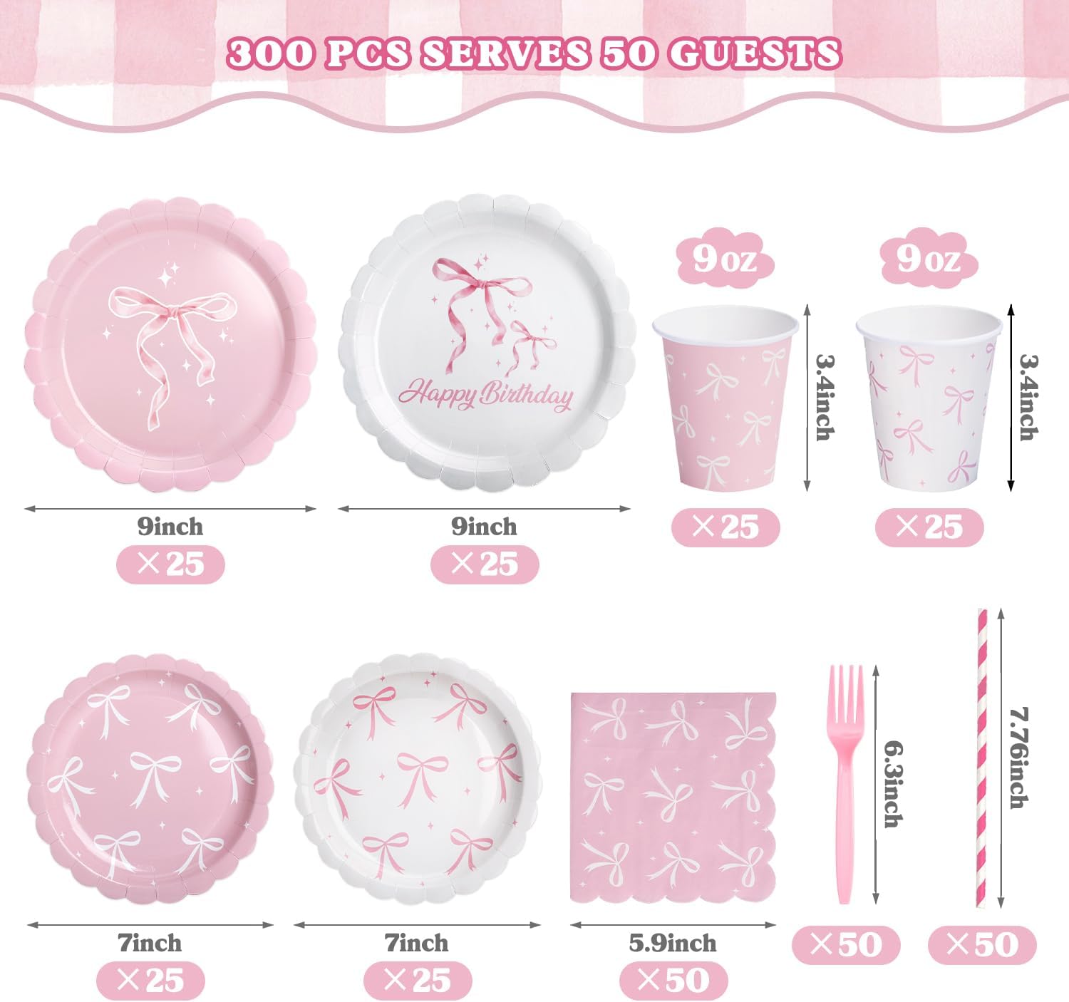 300 Pcs Pink Bow Tableware Set for Birthday Parties