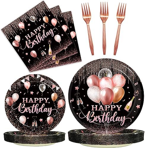 96 Pcs Rose Gold Birthday Plates Napkins Set for 24 Guests