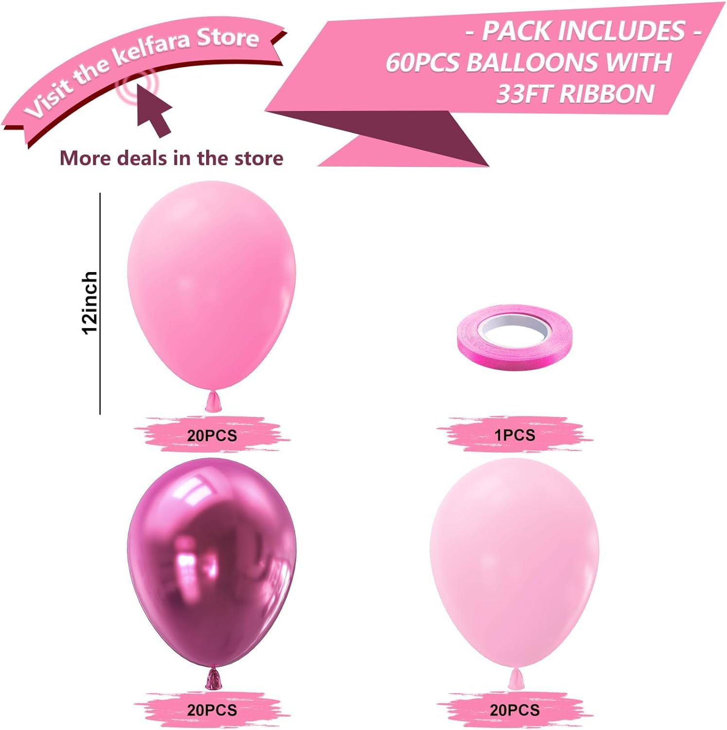 Kelfara 60pcs 12inch Pink Balloons Wedding Party Decor