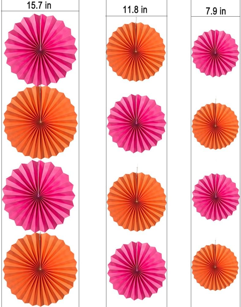 MOWO Hot Pink and Orange Paper Fans 12 Pack Decoration