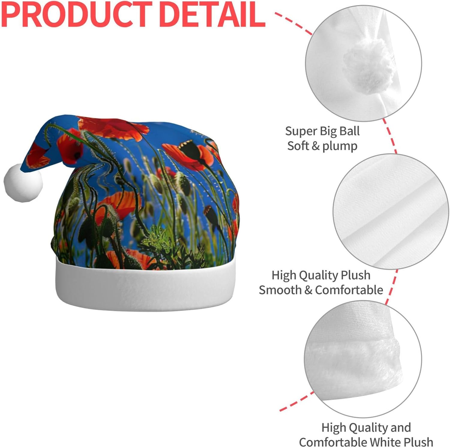 Poppies on Blue Sky Print Christmas Santa Hat Plush