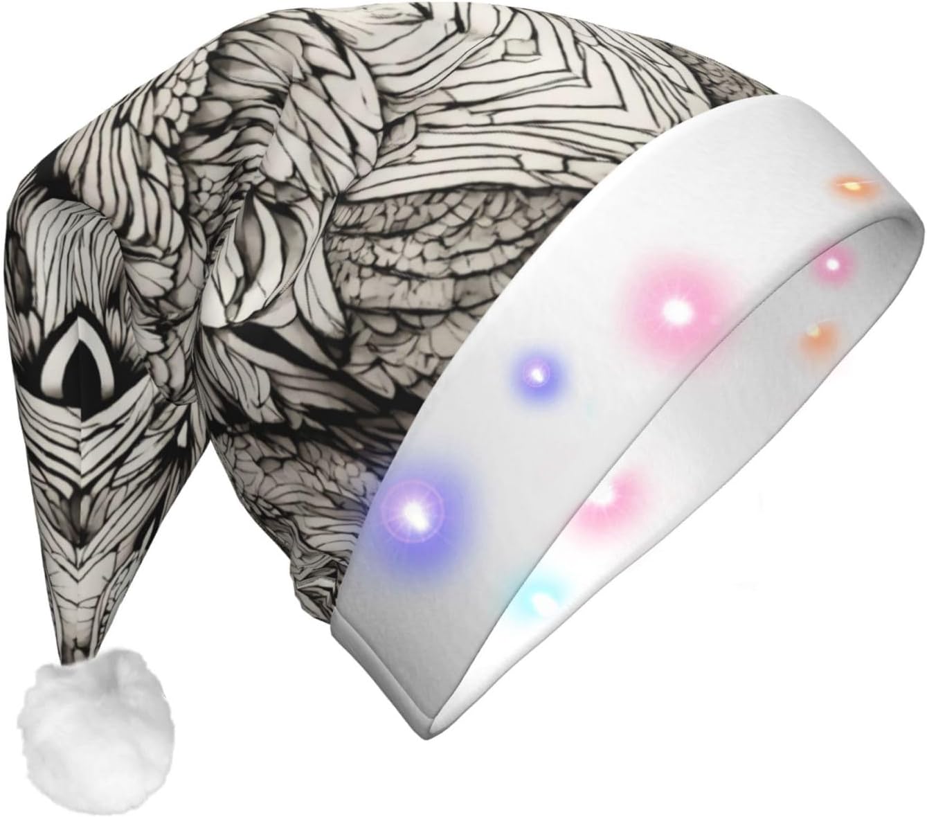 Owls Birds Print Christmas Santa Hat Plush Light Up for Adult