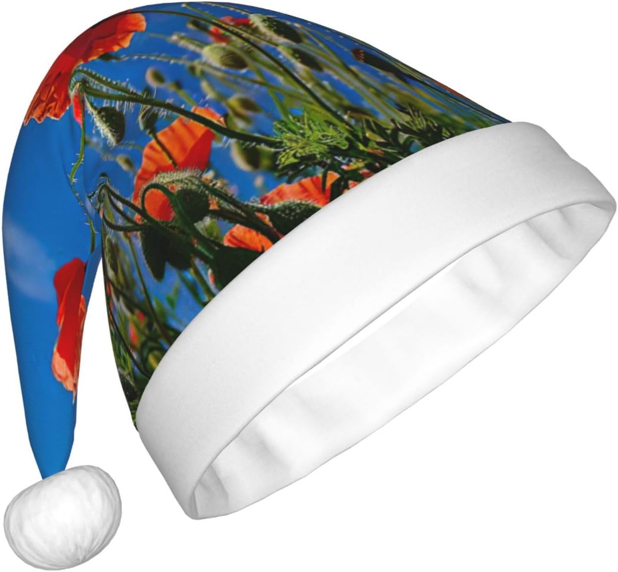 Poppies on Blue Sky Print Christmas Santa Hat Plush