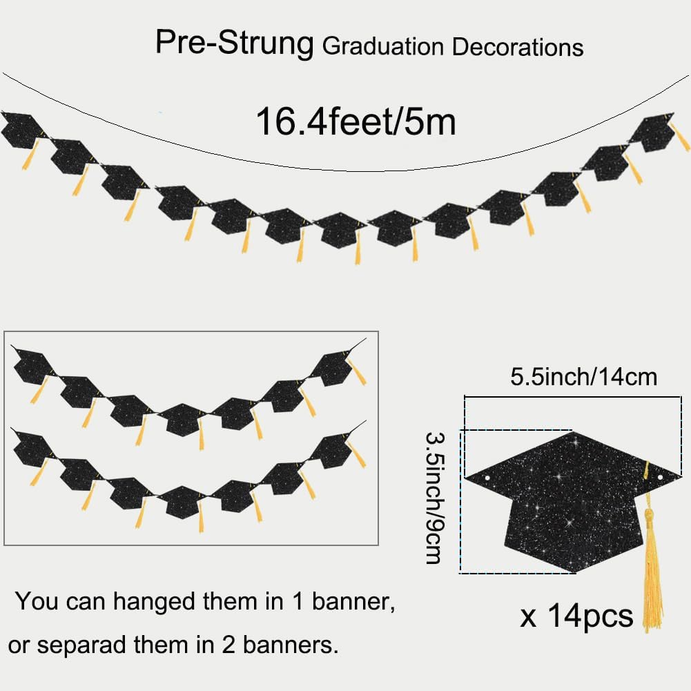 2025 Graduation Decor Banners with Black Glitter Hats and Tassels