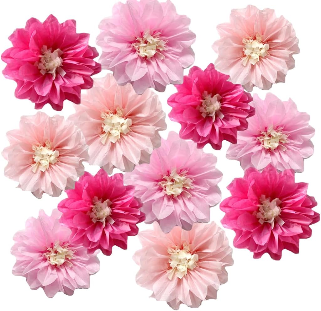 12pcs Pink Paper Pom Poms Wedding Decor DIY Hanging Flowers